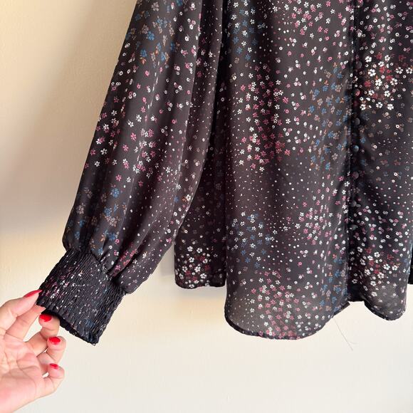 Torrid Black + Pink White Floral Print Button Front Smocked Collar Blouse - 4X - Picture 3 of 11
